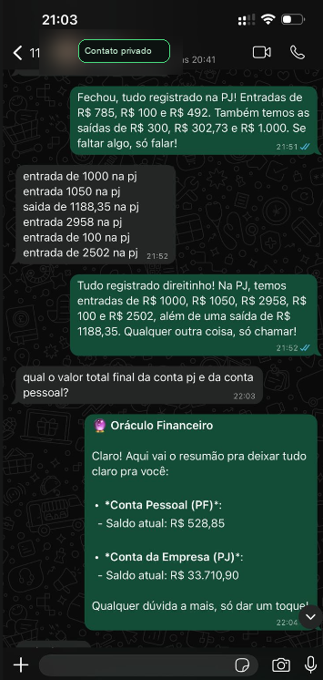 Or&aacute;culo Financeiro separando conta pessoal e PJ