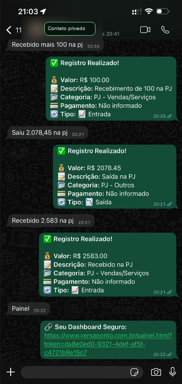 VersaPonto registrando entradas e sa&iacute;das pelo WhatsApp
